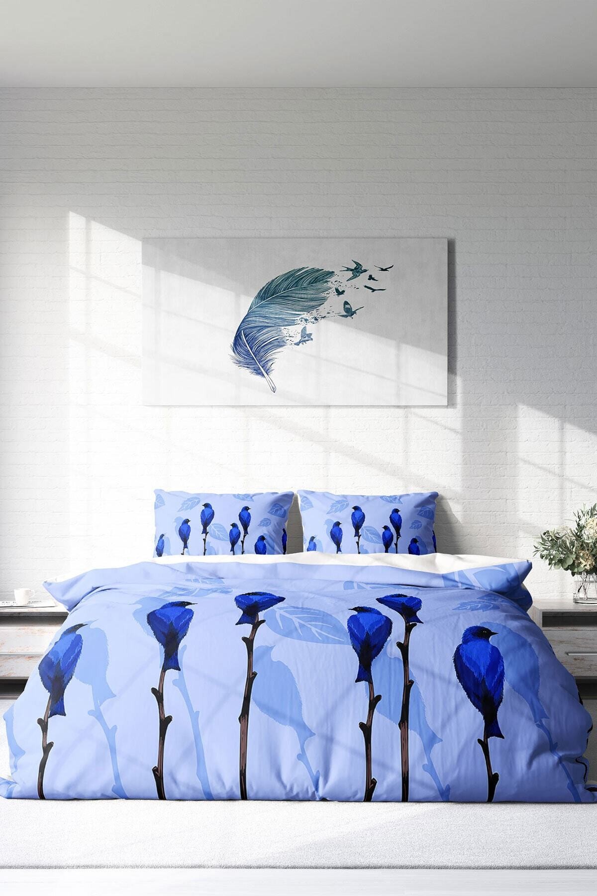 Kıng Sıze Blue Birds Naturel Çift Kişilik Nevresim Takımı 220x240cm