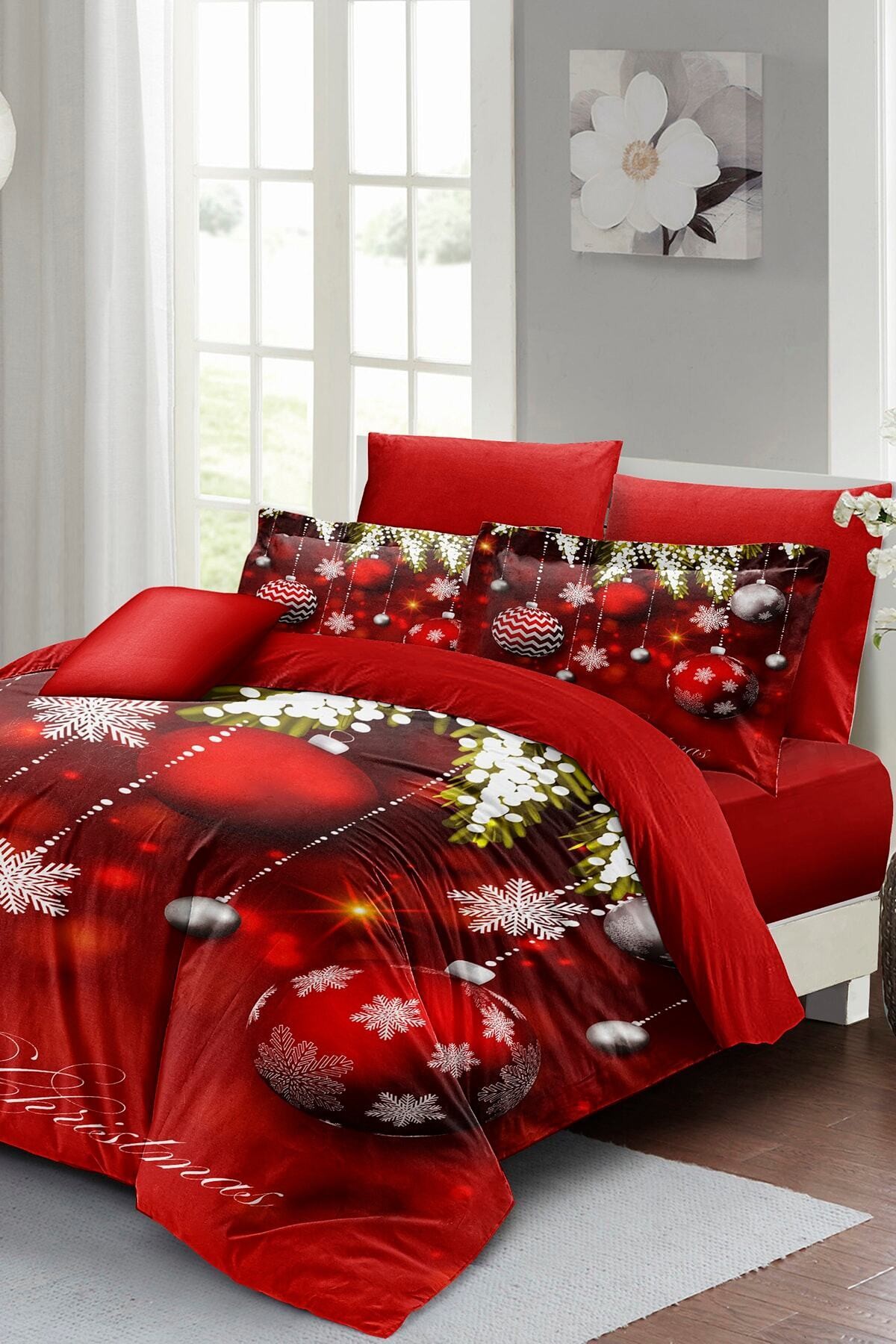 Kıng Sıze Yılbaşı Nevresim Takım %100 Doğal Pamuk Saten Noel Çift Kişilik Balls 220x240cm