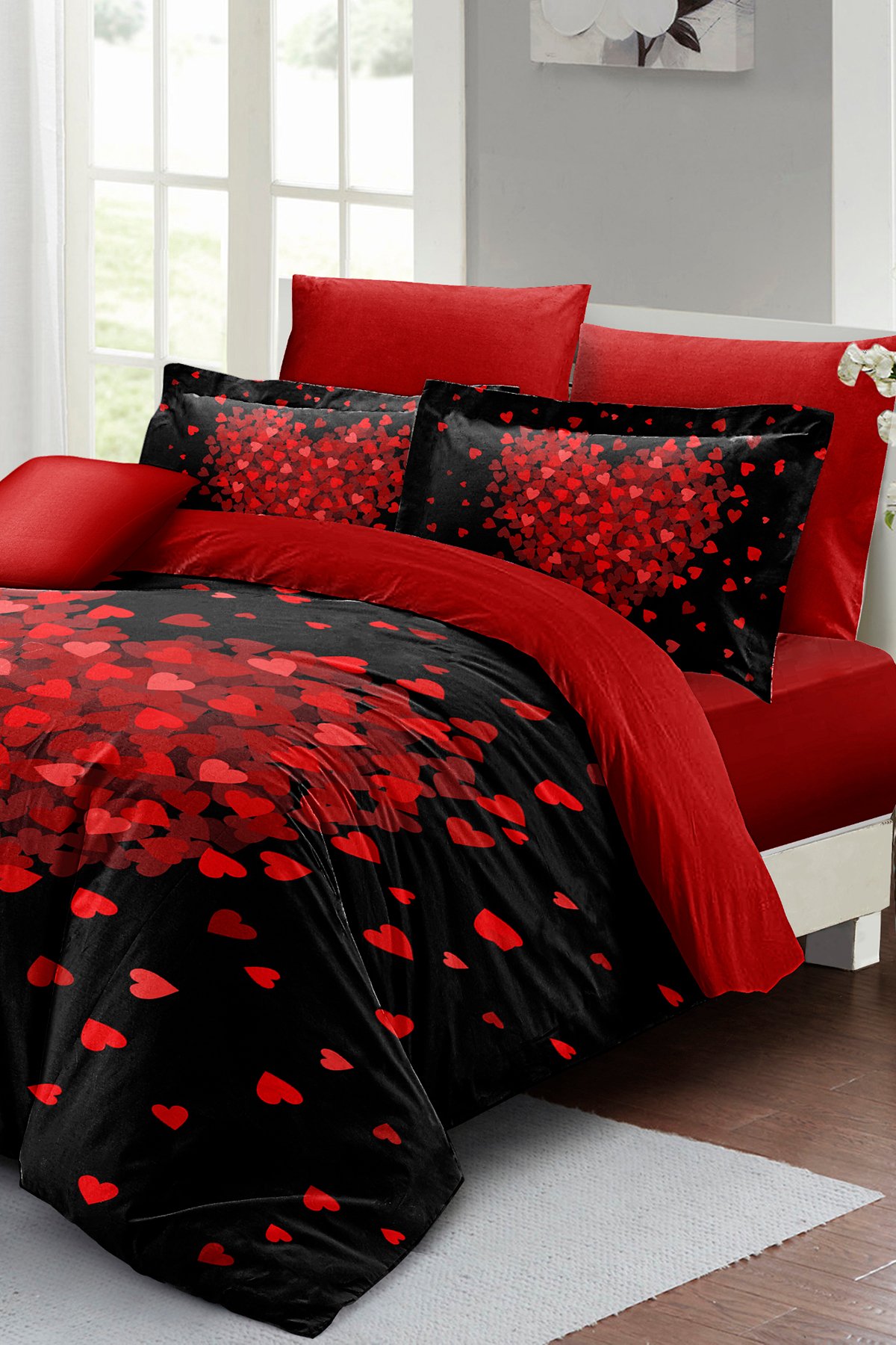 Sevgililer Günü Lastikli Çarşaflı Pamuk Saten Çift Kişilik Kalpli Nevresim Heart Black