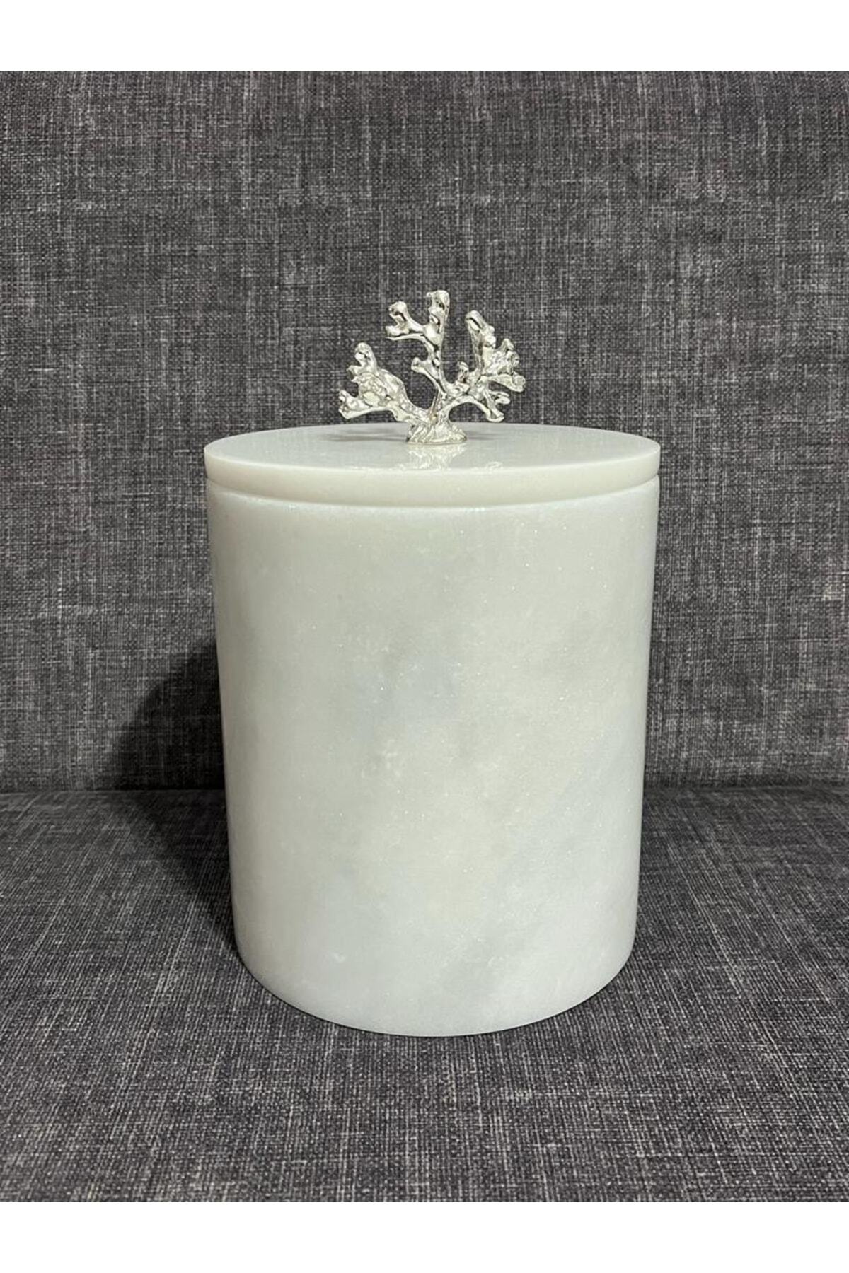 Beyaz Mermer Çöp Kovası, Gümüş Mercan Aksesuarlı, Şık ve Zarif Tasarım