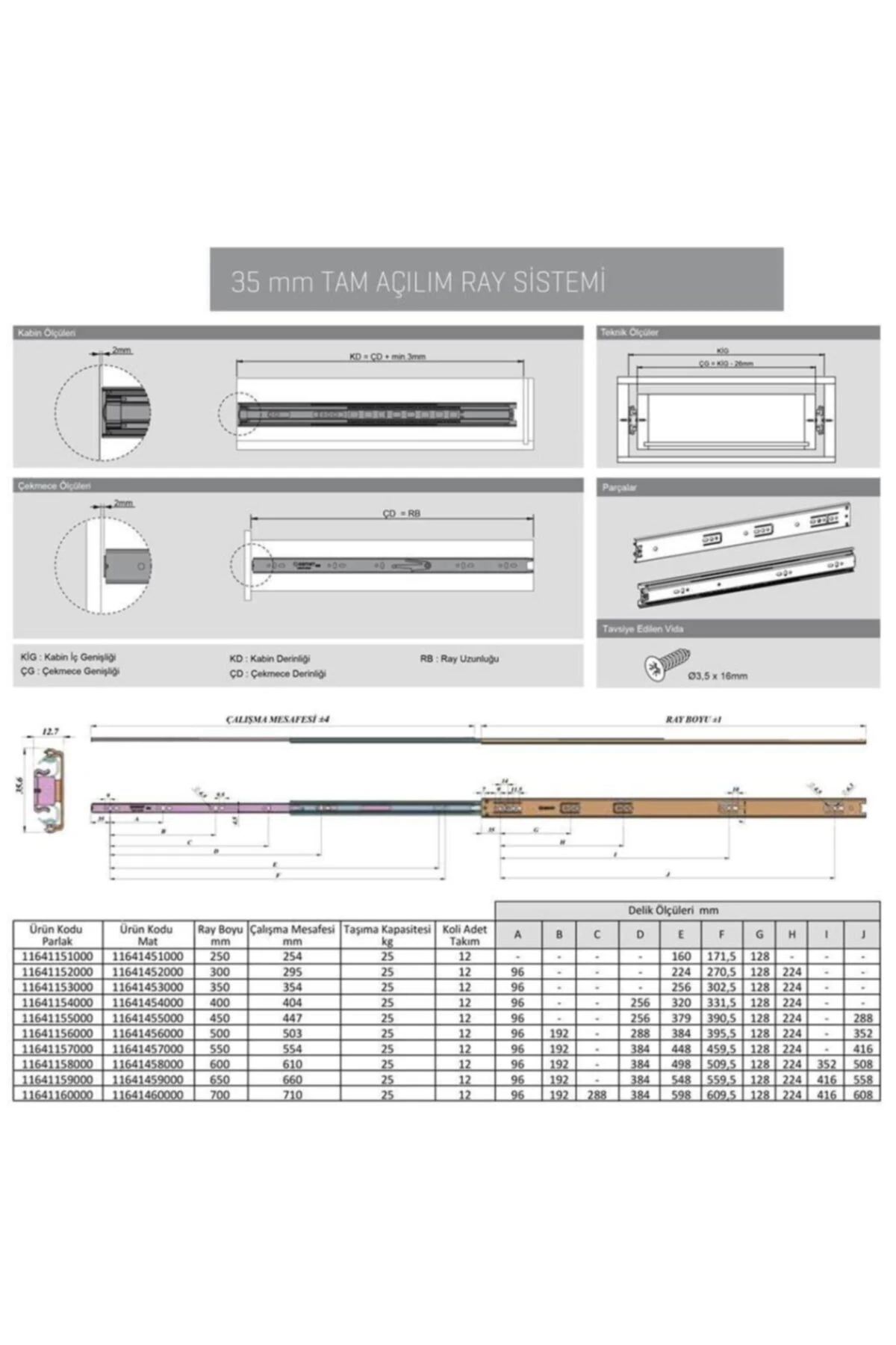 Galvanizli Teleskopik Çekmece Rayı 35x400