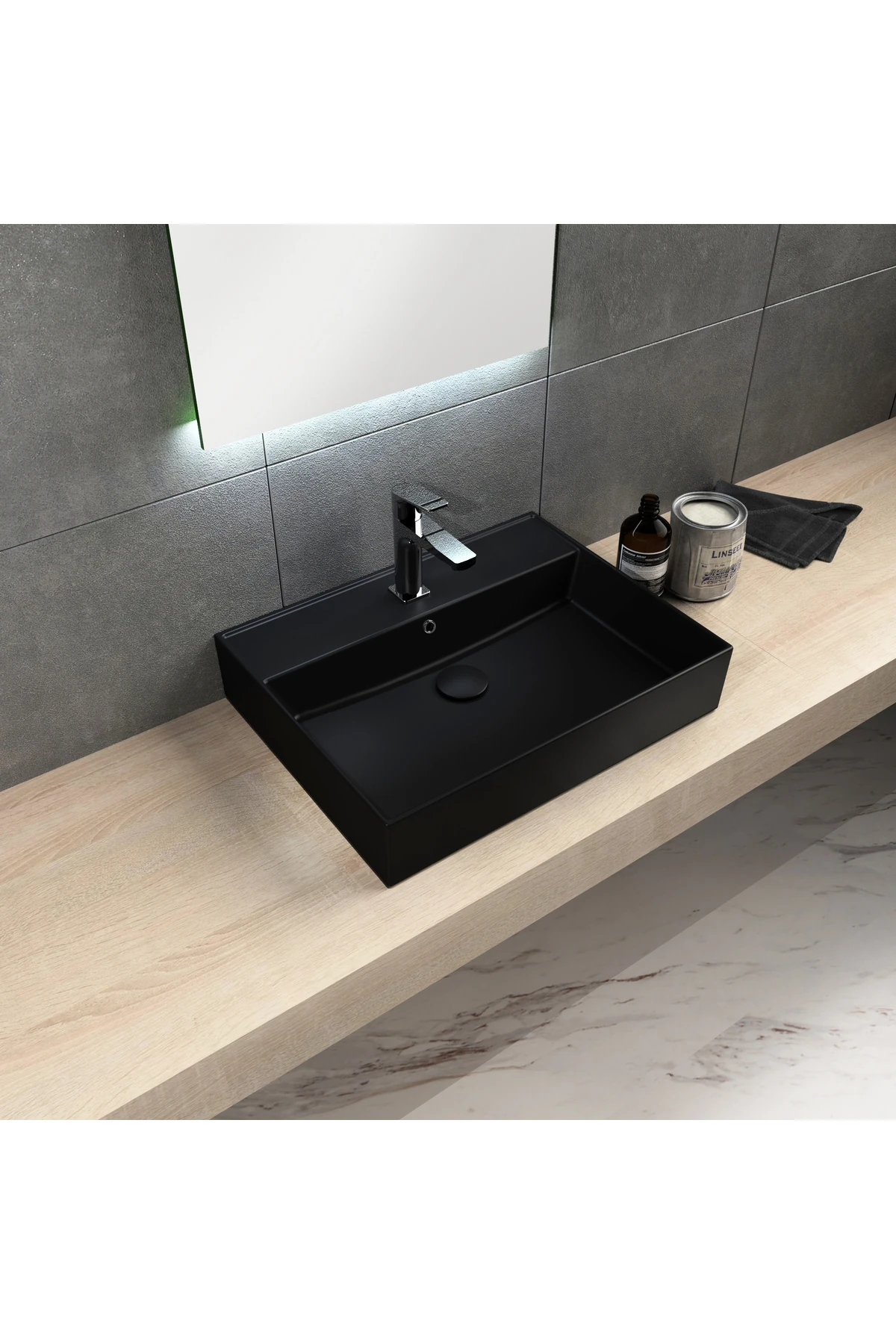 Sifon Tapası - Bas Aç - Mat Siyah Seramik Başlıklı -taşma Delikli-pis Su Sifonu Hariç