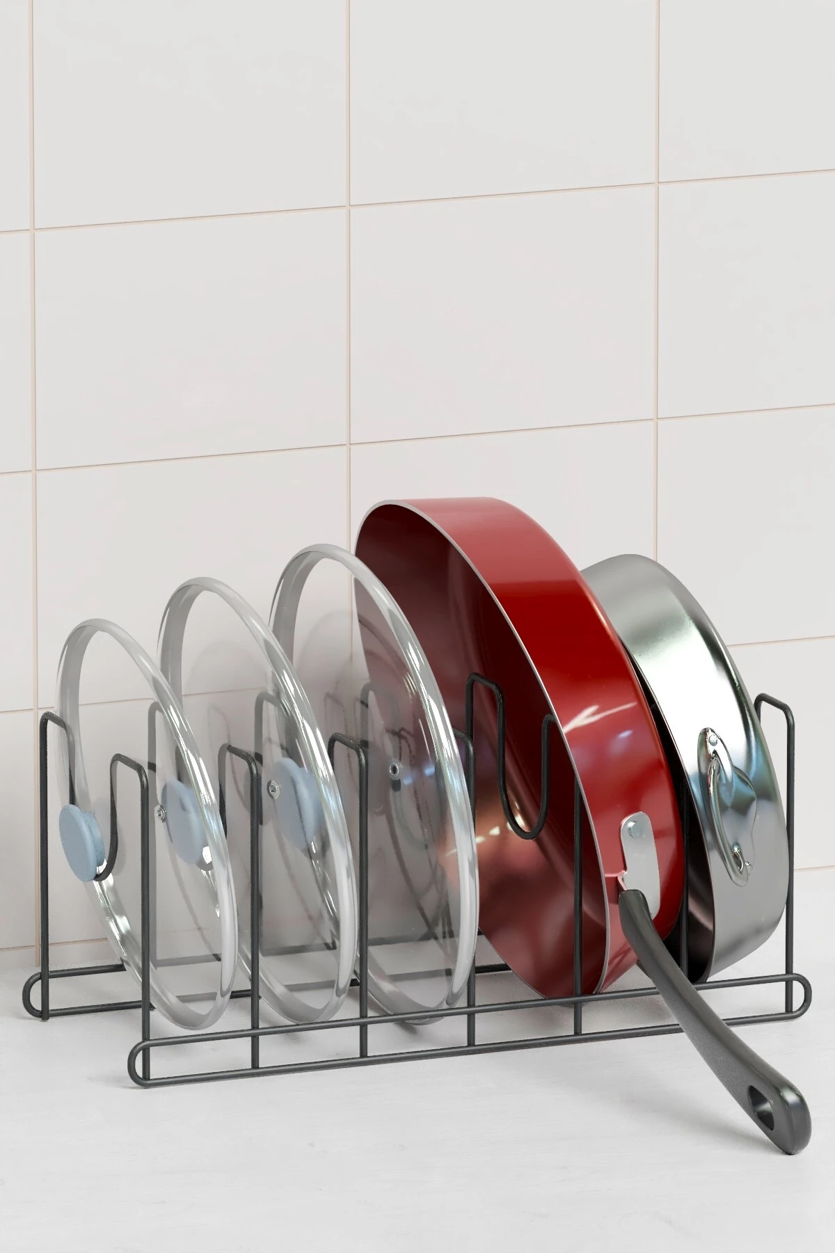 Metal Siyah Renk Tava Ve Tencere Kapağı Düzenleyici Raf Mutfak Dolabı Tel Tencere Tava Organizeri