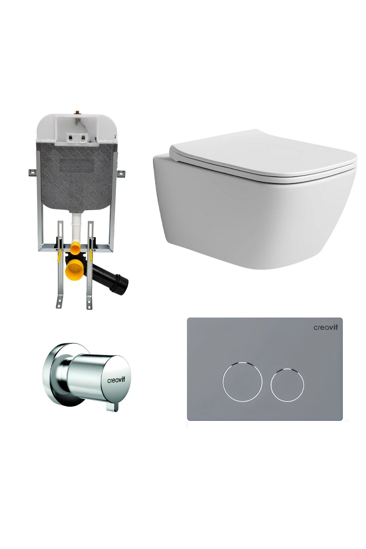 Luna Beyaz Kanalsız Asma Klozet LN5610 Nkp Duroplast Yavaş Kapak, Terra Gömme Rezervuar Set