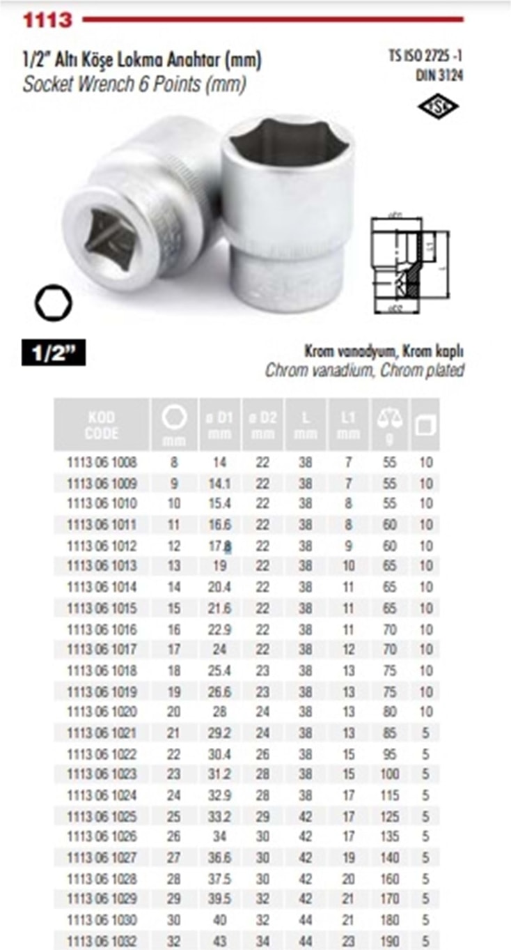 Izeltaş 23 mm 1/2 Altı Köşeli Lokma Anahtar 1113 06 1023