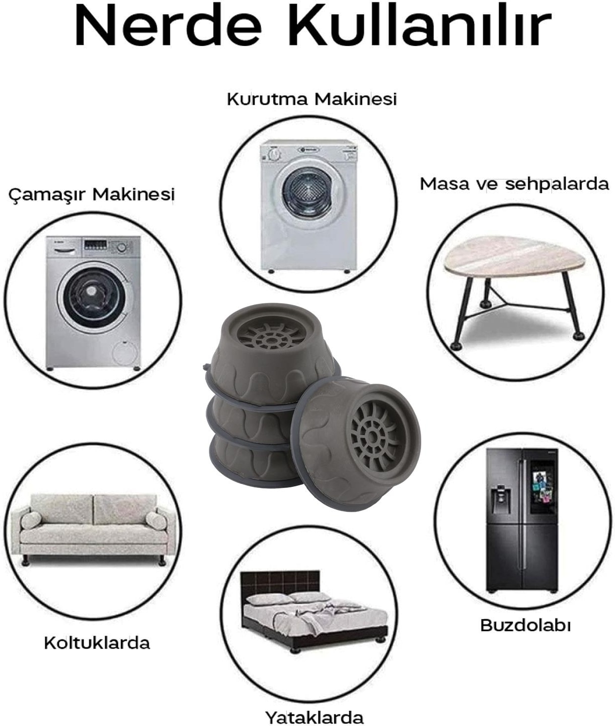 Çamaşır Makinesi Kurutma Titreşim Gürültü Önleyici Yükseltici Ayak Denge Ayağı Kaydırmaz Gri 8 Adet