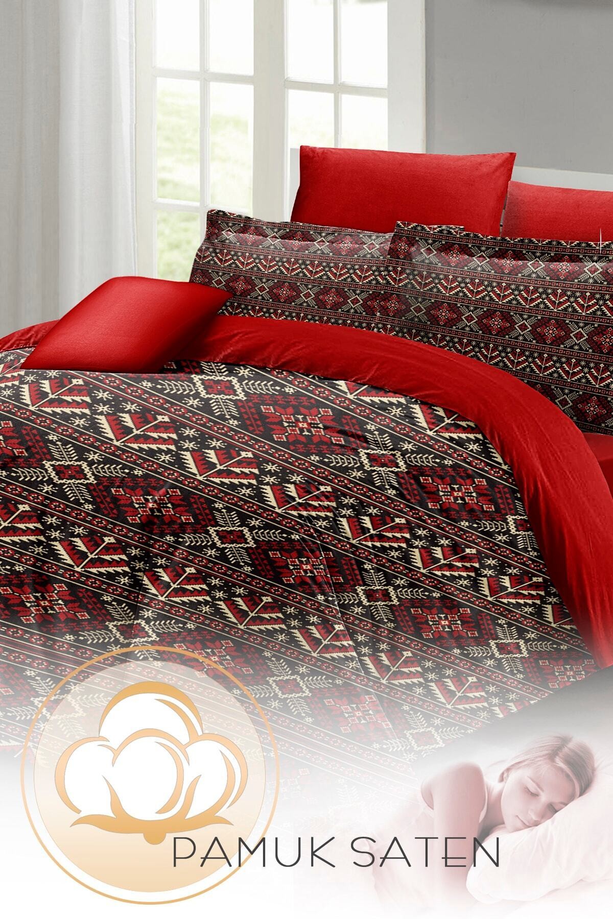 Kıng Sıze Çift Kişilik Nevresim Takımı %100 Pamuk Saten Red Old Design 220x240cm