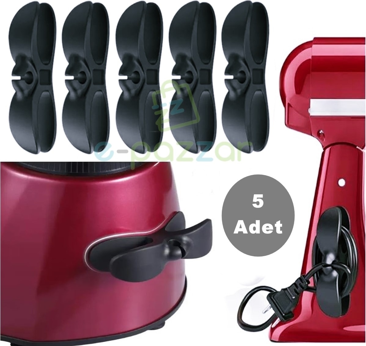 5 Adet Yapışkanlı Kablo Düzenleyici Airfriyer Mikser Fırın Kettle Şarj Pc Fiş Kablo Sarma Aparatı
