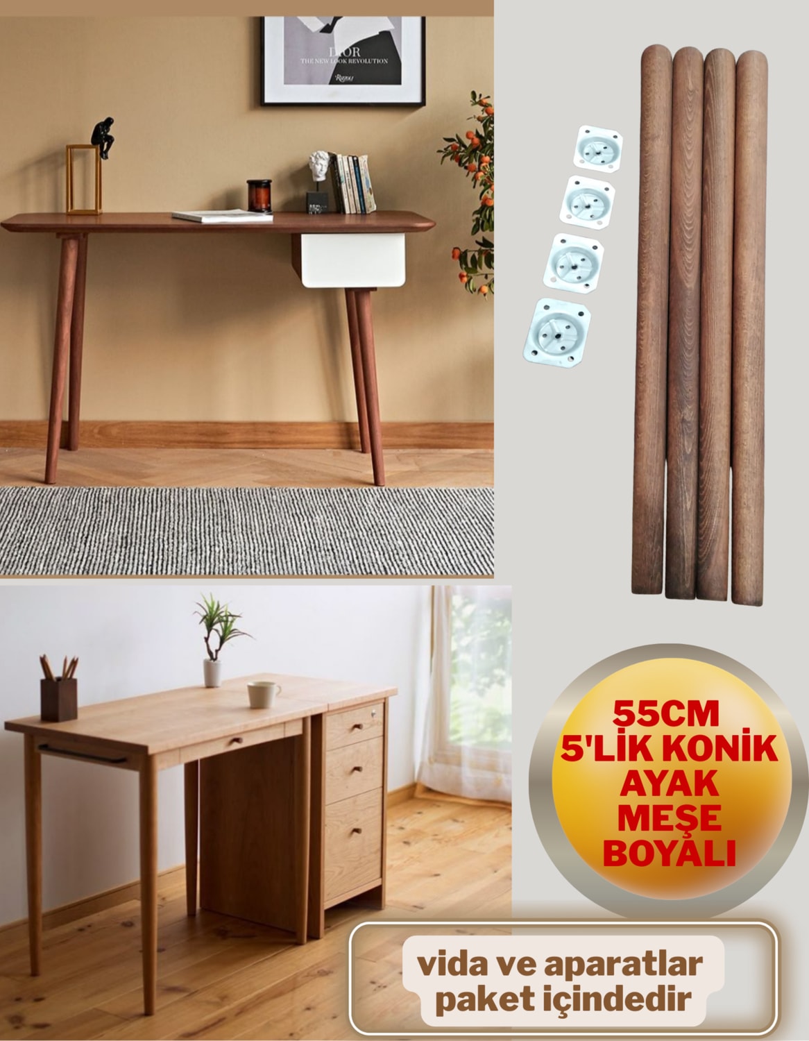 5'lik Meşe Boyalı Masa Sehpa Ayağı 70-65-60-55 cm