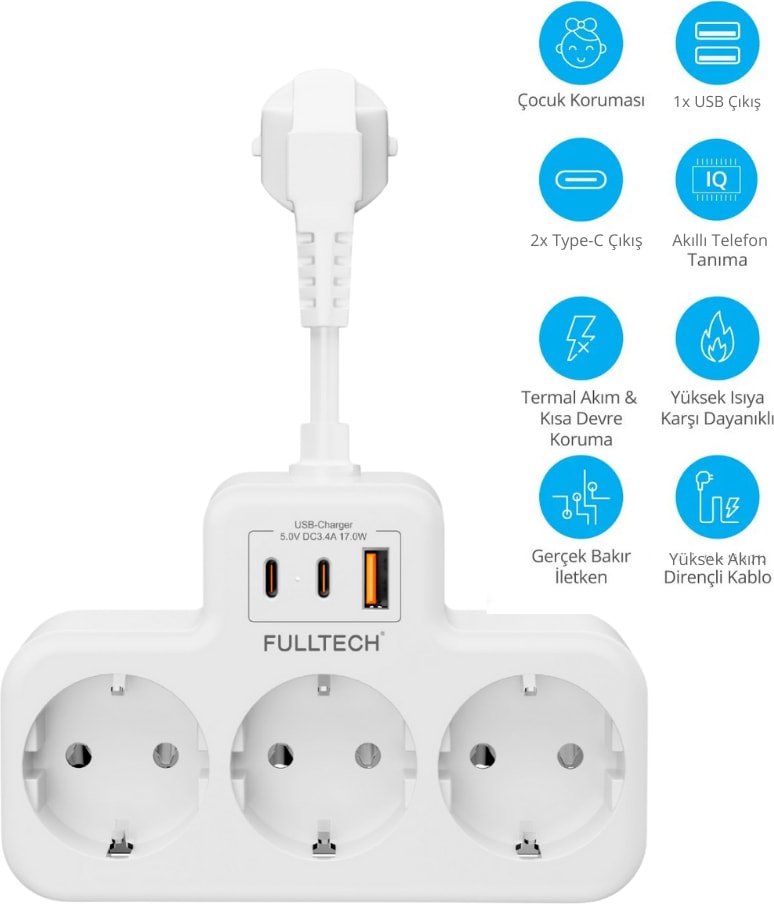 Akım Korumalı Priz, Duvar Priz Çoğaltıcı, 3x Priz Soketi, 2x Type-C Girişi, 1x USB Girişi, Çocuk Korumalı ve Isıya Dayanıklı Yapı, Aşırı Gerilim Koruyucu, 16A/3680W (Kablosuz)