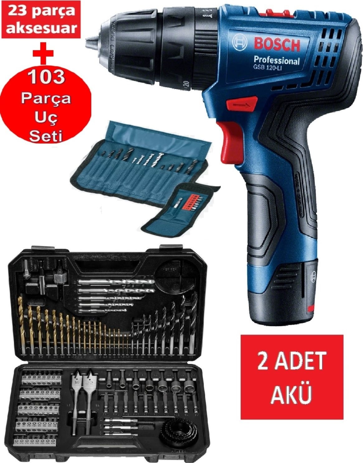 2'li Şarjlı Matkap Darbeli Matkap Çift Akülü Vidalama + Bosch 126 Parça Matkap Ucu Vidalama Ucu Ana