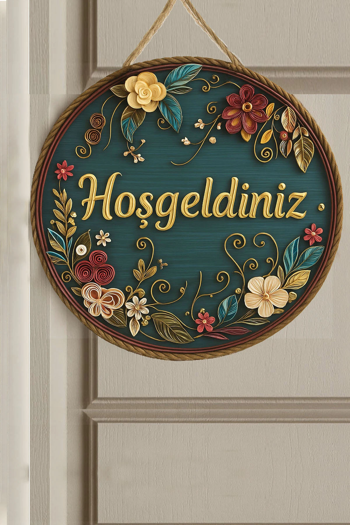 Kapı Süsü Ahşap MDF "Hoş geldiniz" Yazılı - Çiçek Desenli - UV Baskılı