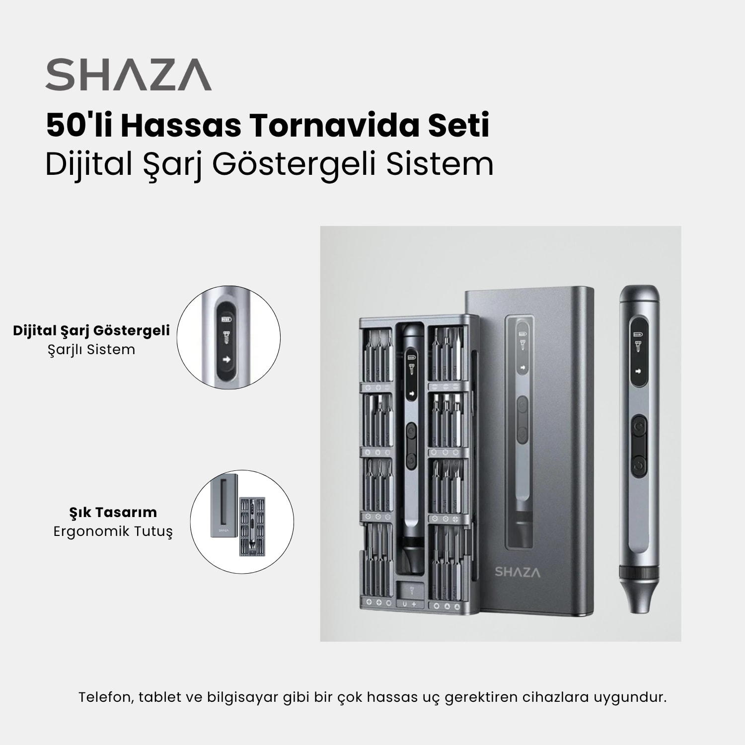 50 Parça Şarjlı Hassas Tornavida Seti – Led Işıklı, Mıknatıslı Alüminyum Kasa, Type-C, Telefon Pc vb. Tamir Seti