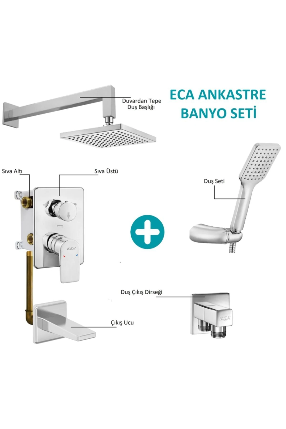 Ankastre Gömme Banyo Bataryası Duş Seti  Tüm Parçalar Dahil 30x30 Başlık