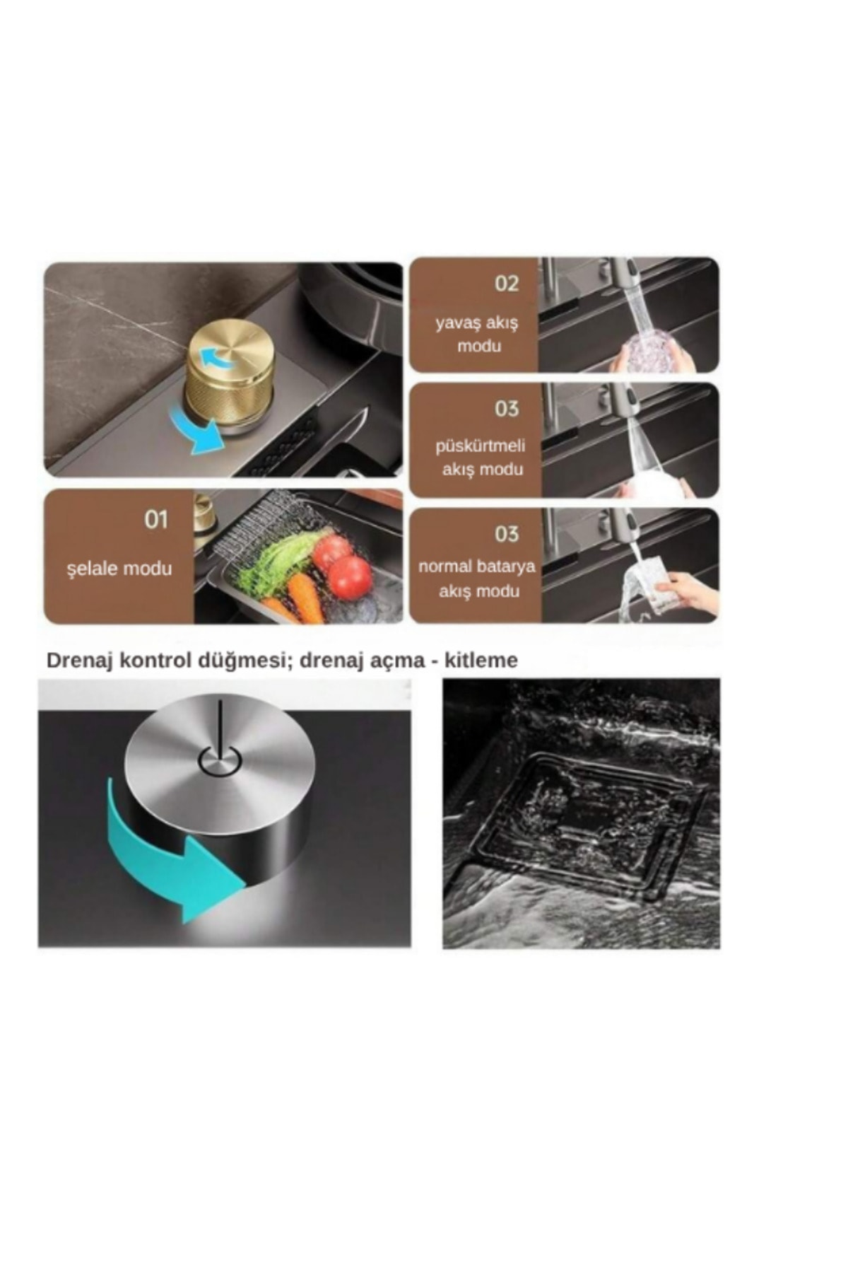 Mutfak Eviyesi Teknolojik Akıllı Evye Paslanmaz Çelik Bal Peteği Yüzey-Nano PVD kaplama-SİYAH