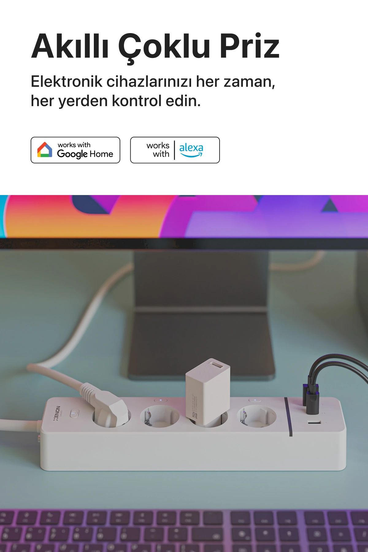 Akıllı Çoklu 4'lü Priz Wi-Fi 2 USB-A ve 1 USB-C 3680W 180 cm Google ve Alexa Mobil Kontrol X7087