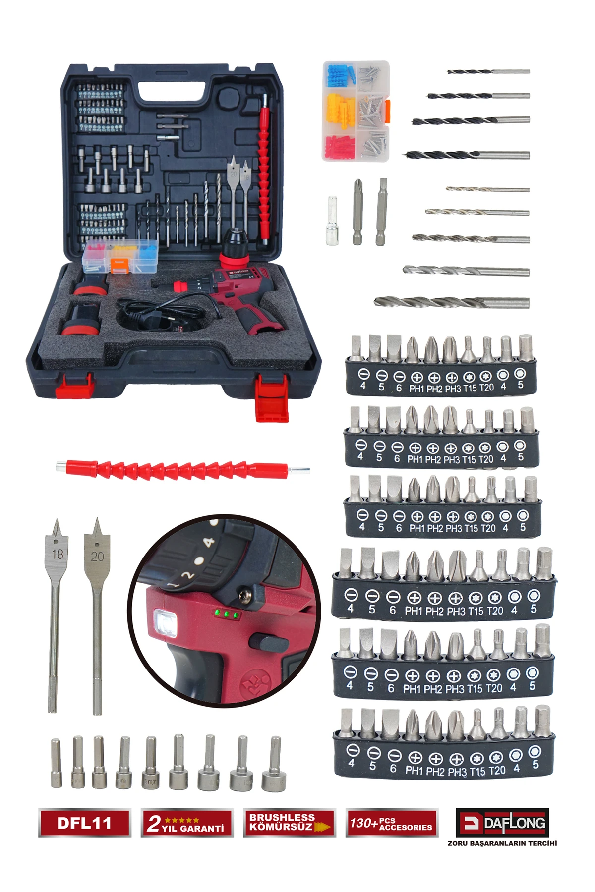 PRO DİJİTAL EKRANLI DİJİTAL AYARLANABİLİR HIZLI ÇELİK MANDREN ARMUT BATARYA+MANDREN HEDİYELİ DFL-11