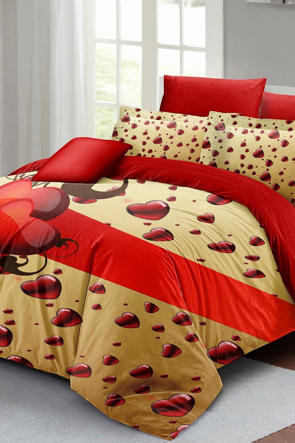 Kıng Sıze Sevgililer Günü Çift Kişilik Nevresim Takımı%100 Pamuk Saten Gift 220x240cm