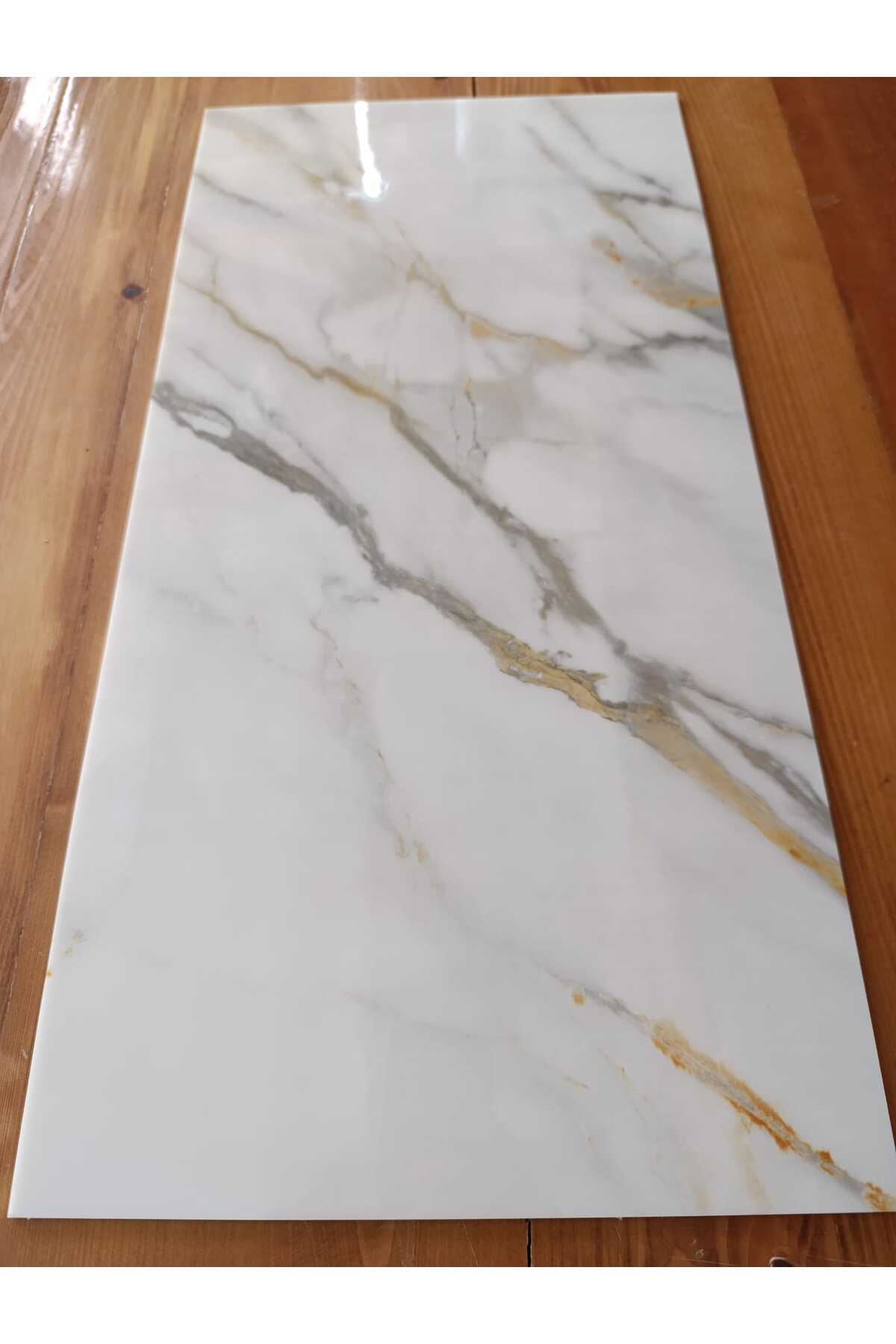 30x60cm Sarı-Gri Mermer Desenli Yapışkanlı Seramik Desen Mutfak Banyo Wc Pvc Duvar Kaplama Paneli