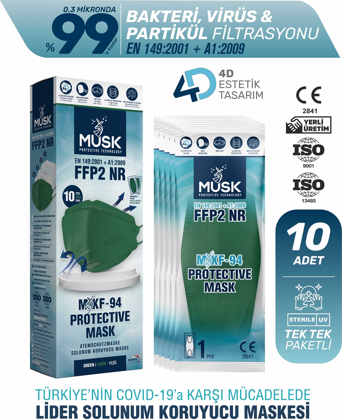 KF94 Kore Tipi Ffp2 Maske Yeşil Renk 10 Adet