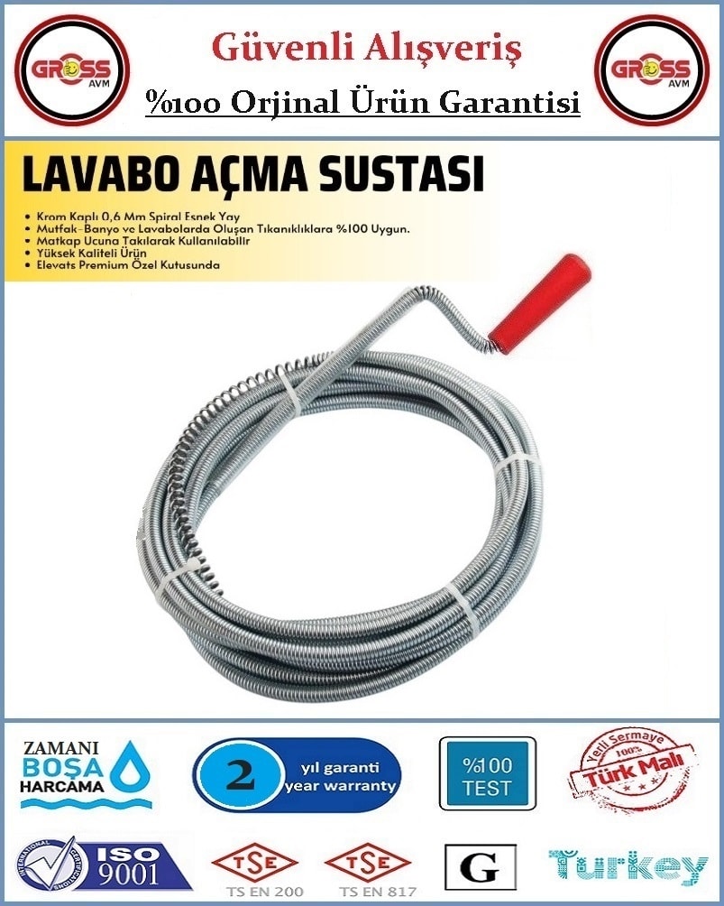Lavabo ve Gider Boru Açma Spirali - Kanal Açma Sustası - 5 Metre