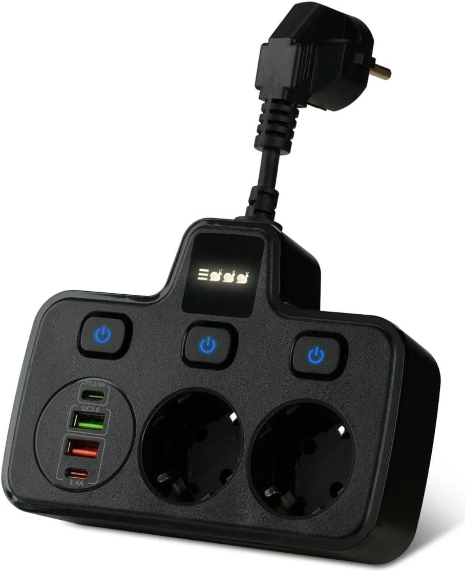 Akım Korumalı 2x USB ve 2x Type-C Portlu 3 Anahtarlı Ikili Priz Hızlı Şarj Özellikli Duvar Tipi Kablolu 2li Priz (Siyah)