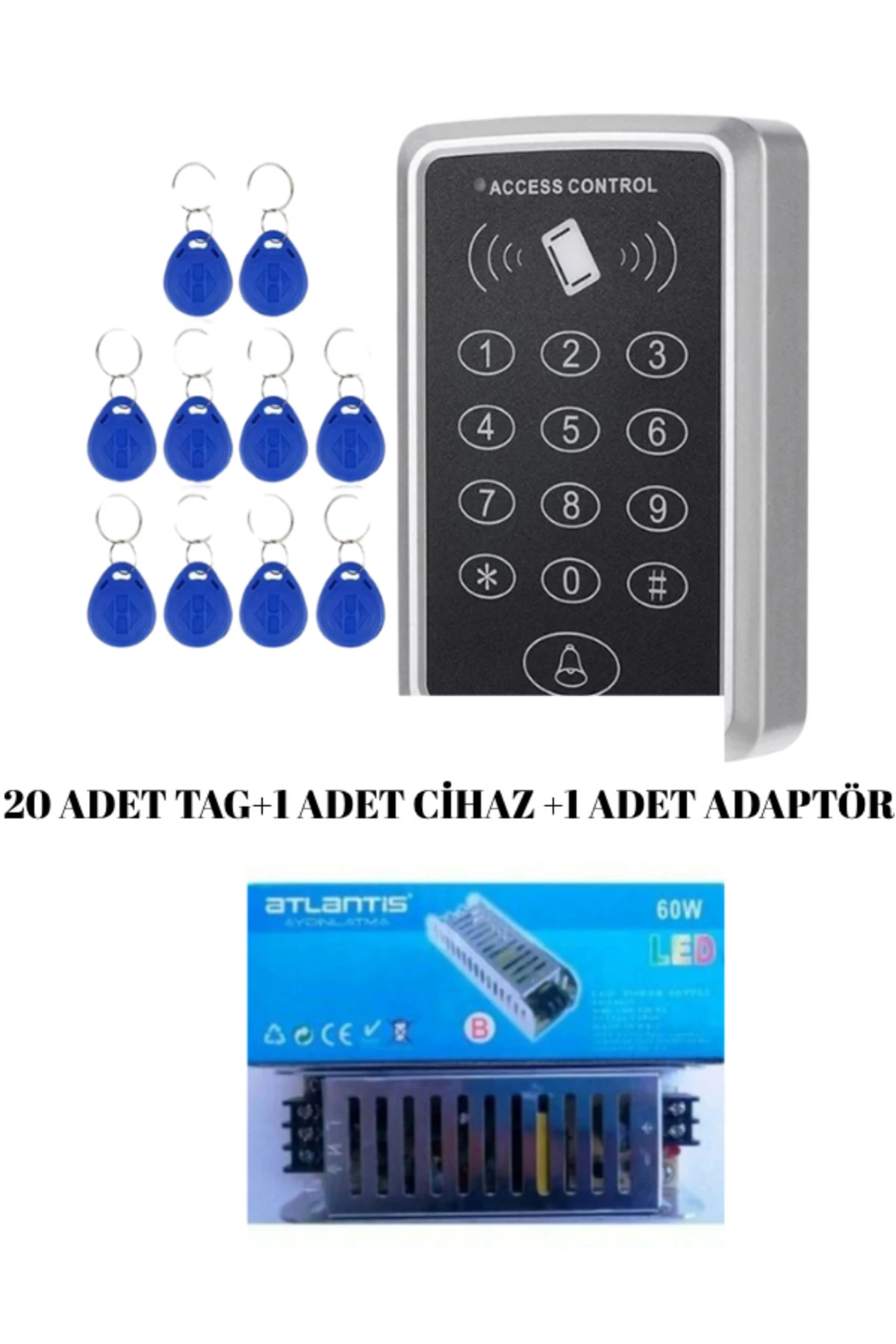 Adaptörlü Trafolu (60W)Rfıd Şifreli Kapı Kilidi Seti Cihaz+Adaptör+ 20 Tag Anahtar
