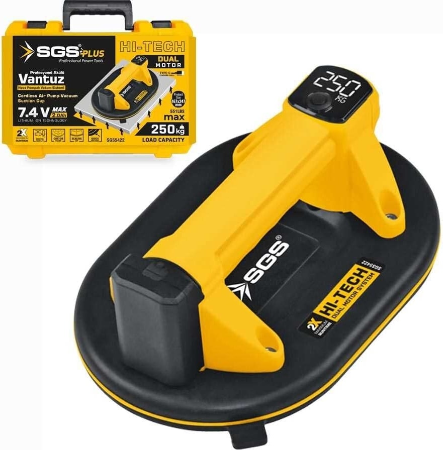 SGS5422 - 250 kg Akülü Vakumlu Seramik Ahşap Cam Taşıma Vantuzu 7.4 Volt 2 Amper