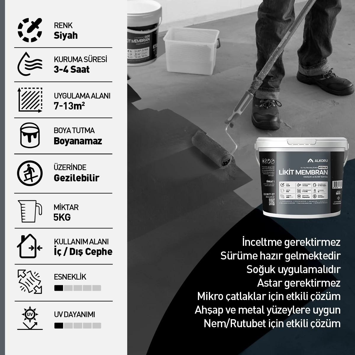 5 kg Bitüm 1k Likit Membran Kauçuk ve Elyaf Katkılı Sıvı Su Yalıtım Malzemesi