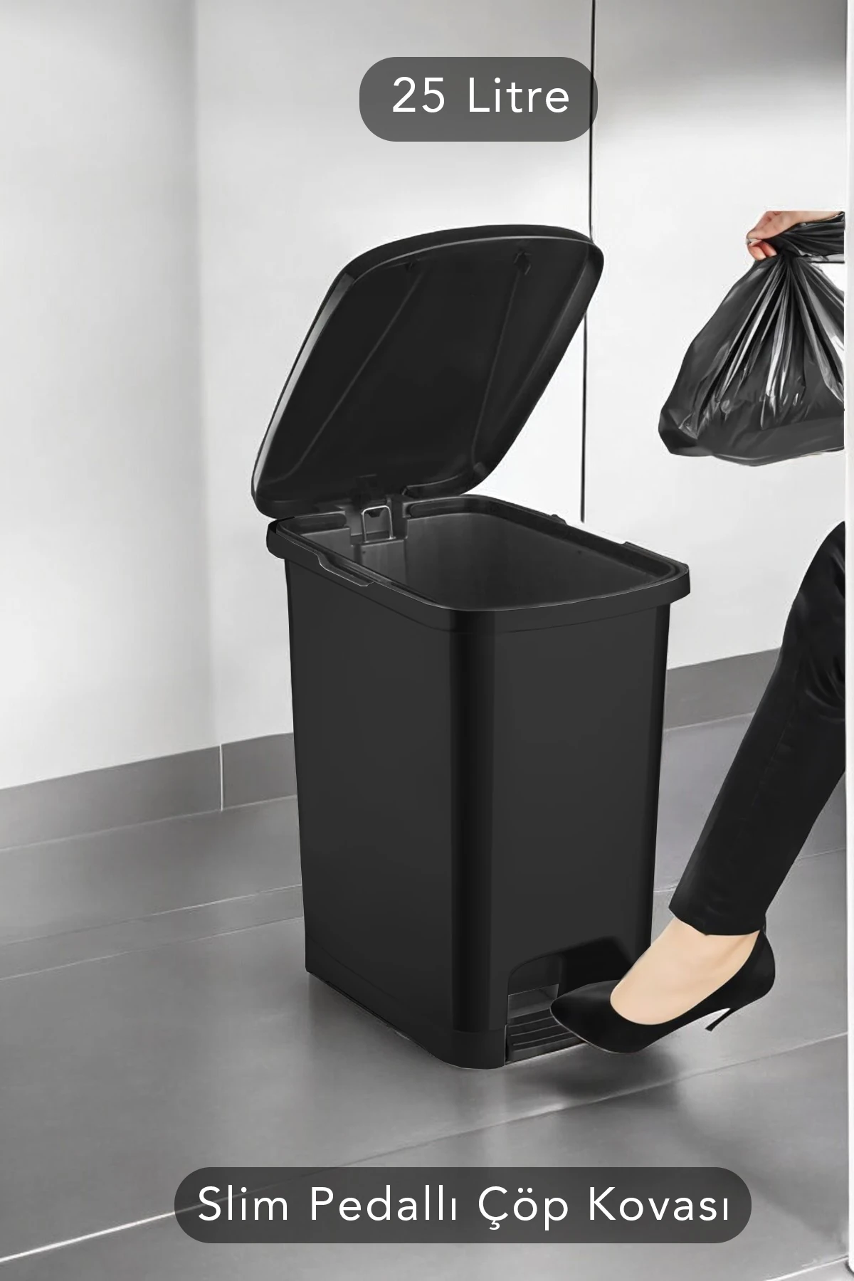 Slim Pedallı Banyo Mutfak Çöp Kovası(İÇ KOVASIZ) - 25 Litre - Siyah