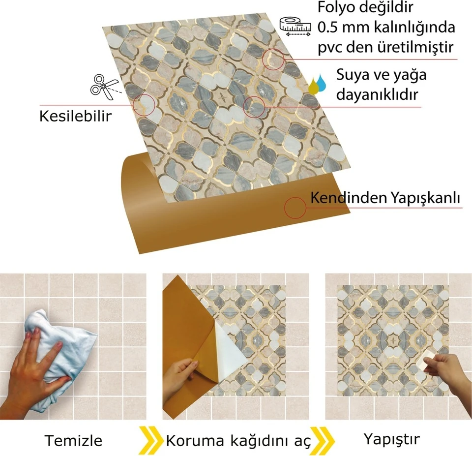 Kendinden Yapışkanlı Gold Çiçek Desenli Pvc Karo 30X30 cm (33 Adet) 3m2