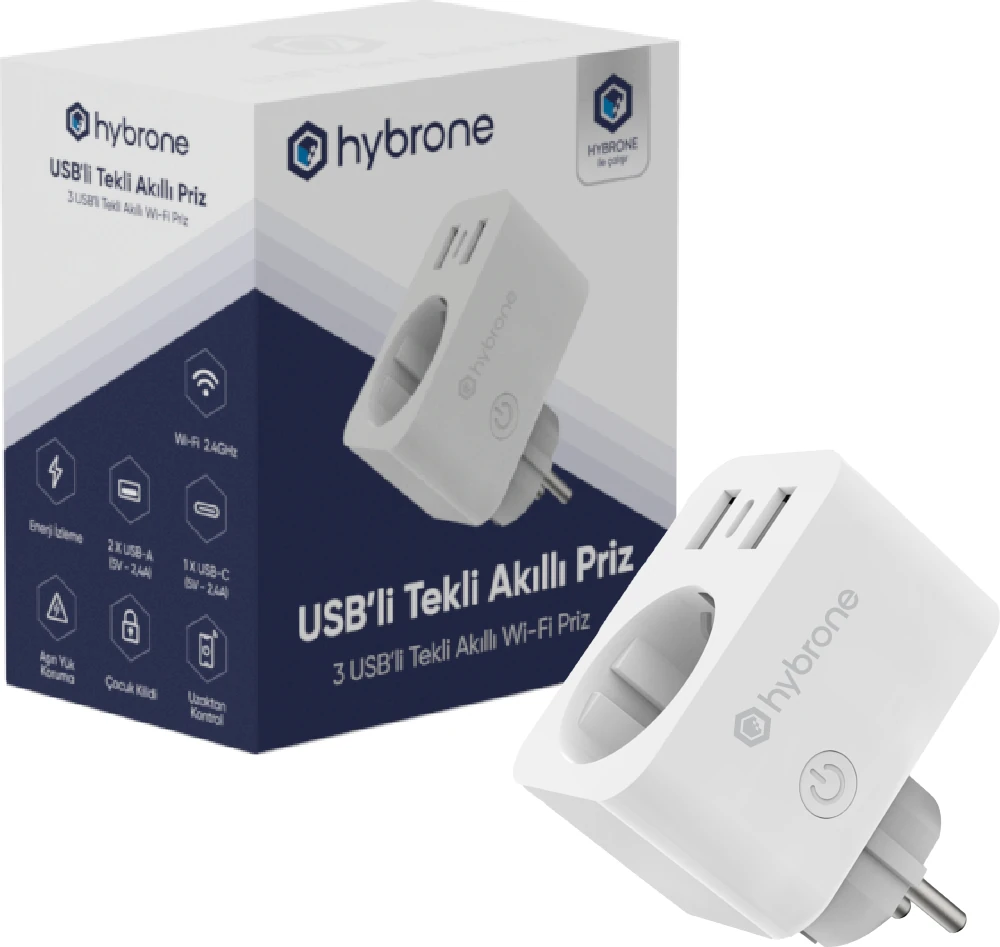 USB ve Type-C Girişli Akım Korumalı Wi-Fi Akıllı Priz, Adaptör, 16 Amper, Enerji İzleme, Çocuk Kilidi, Uygulama ile Uzaktan Kontrol