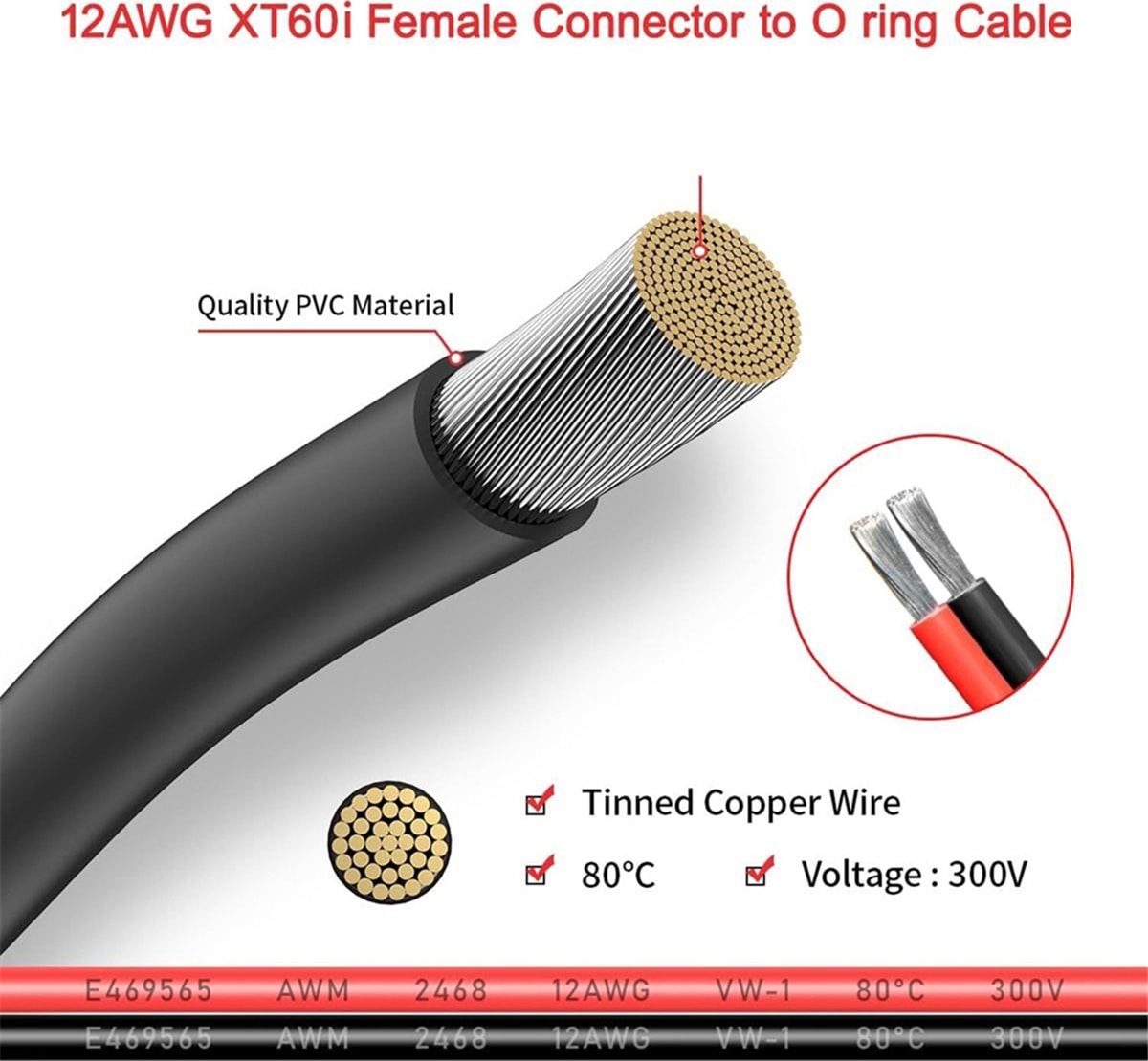 12AWG XT60I Dişi - O-Ring Konnektörü Kalaylı Telli, Rc Pil Güneş Taşınabilir Güç Istasyonu ve Güneş Paneli Için (Yurt Dışından)