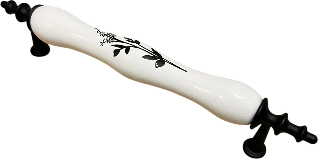 Porselen Kulp Zeytindalı Desenli 128MM(12.8CM) Ayakları Krom -Siyah Mobilya Çekmece Kapak Kulbu