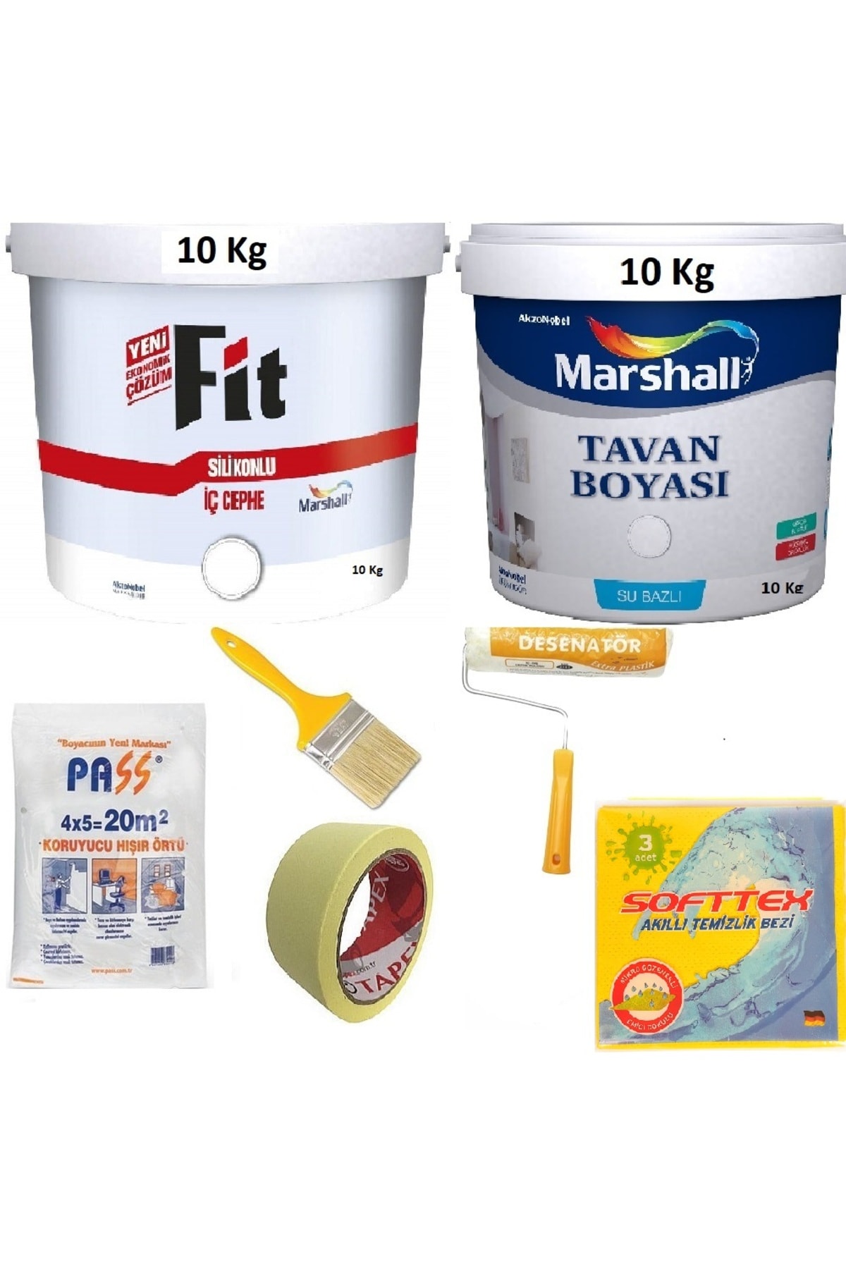 Fit Silikonlu Iç Cephe Boyası 10 Kg + Tavan Boyası 10 Kg + 5 Parça Boyama Seti