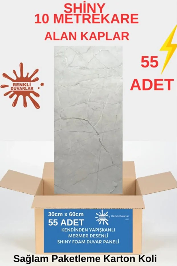 BS1725 Shiny 10m2 55 Adet 30x60cm Yapışkanlı  Mermer Desenli Karavan Banyo Wc Duvar Kaplama Paneli
