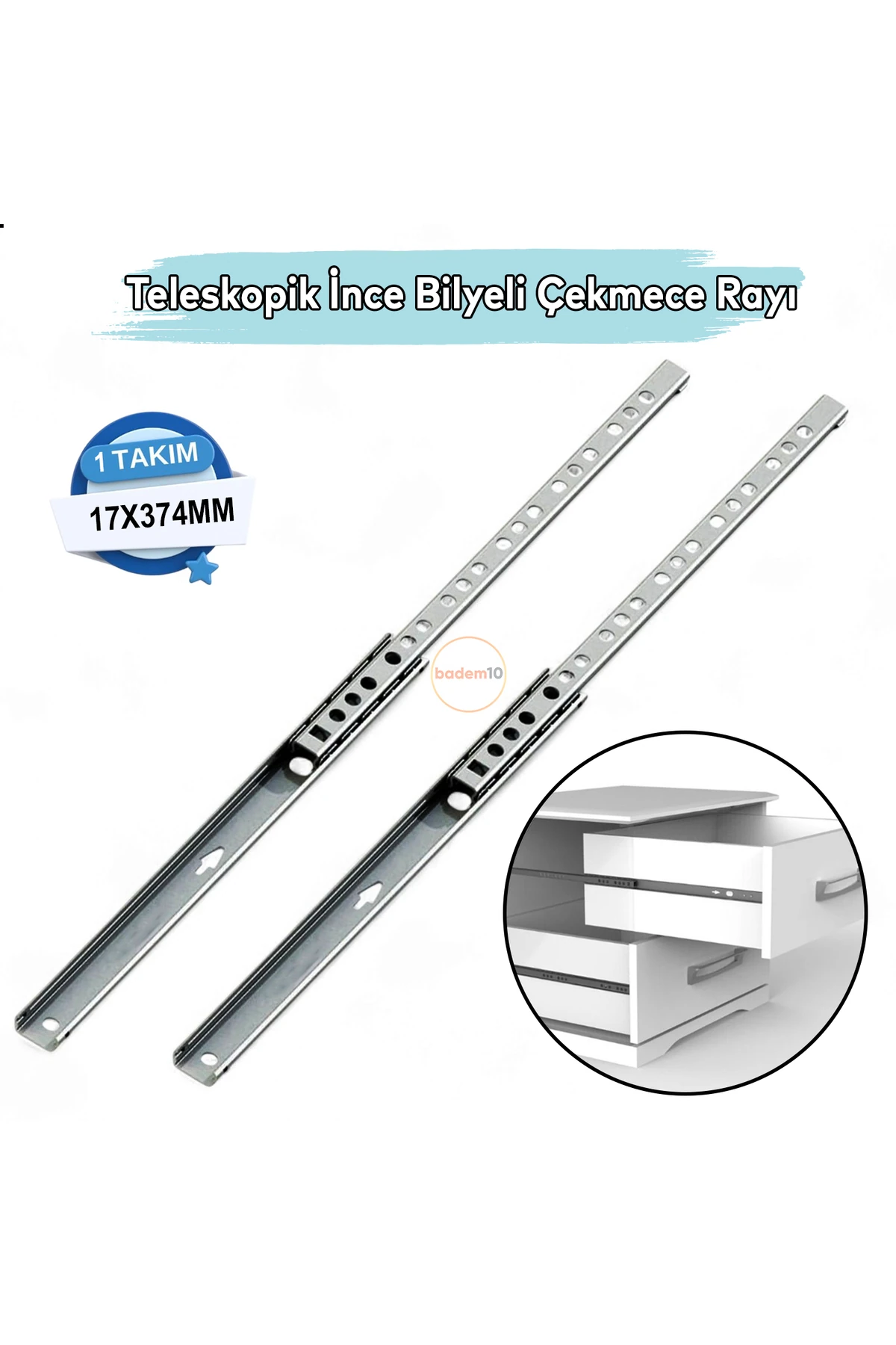 Teleskobik İnce Bilyeli Bilyalı Dolap Çekmece Rayı Sürgüsü Metal En 1.7 cm 17 mm Uzunluk 37.4 cm 374