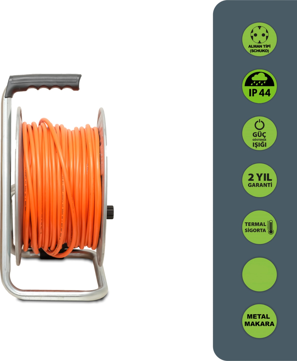Mmp Serisi IP44 Makaralı Seyyar Uzatma Kablosu 20 Metre 3g2,5mm² (Türk Malı, Yüksek Darbe Dayanımı, Metal Sac, Dış Mekan, Su Sıçramalarına Karşı Korumalı, Turuncu Kablo, Termal Sigortalı)