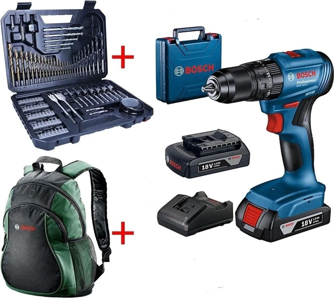 Professional GSB 185-LI 2 x 2.0Ah Çift Akülü Darbeli Matkap - 06019K3100 +  V-Line Matkap & Vidalama Karışık Aksesuar Seti 103 Parça - 2607017367 +  Sırt Çantası (Yeşil)