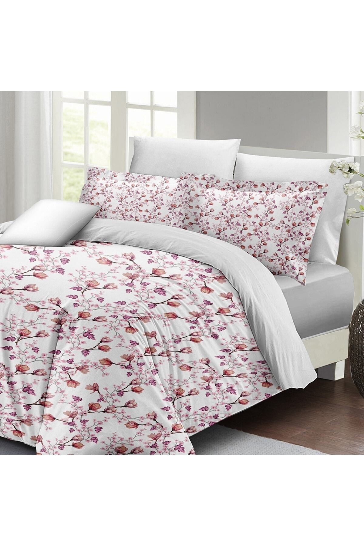 Kıng Sıze Cherry Blossom Luxury Çift Kişilik Pamuk Saten Nevresim Takımı 220x240cm