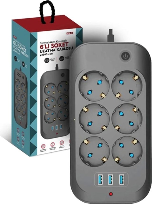 Termal Akım Korumalı Priz 3-Usb Giriş 6 Priz