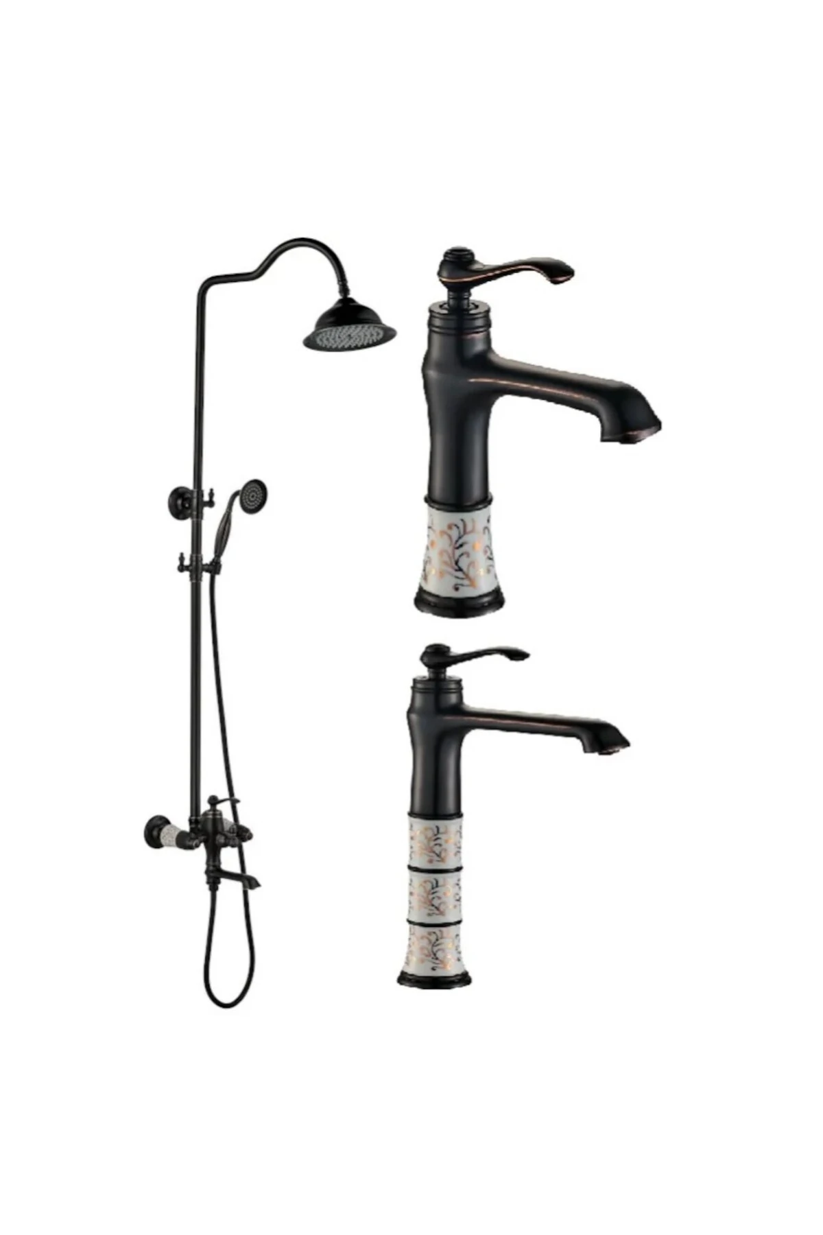 Porselen Desenli Kare Syah Lavabo + Eviye Mutfak + Duş Seti