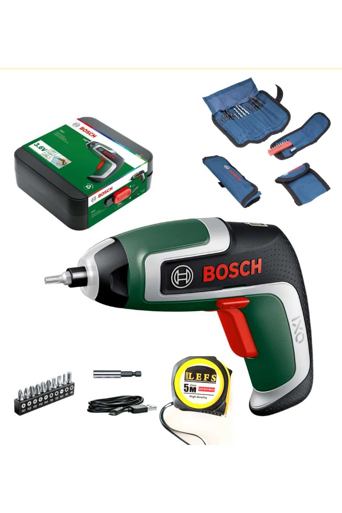 BOSCH Ixo 7 Akülü Mini Vidalama 3.6 V Şarjlı Tornavida , 23 Parça Delme-Vidalama Seti ve Metre