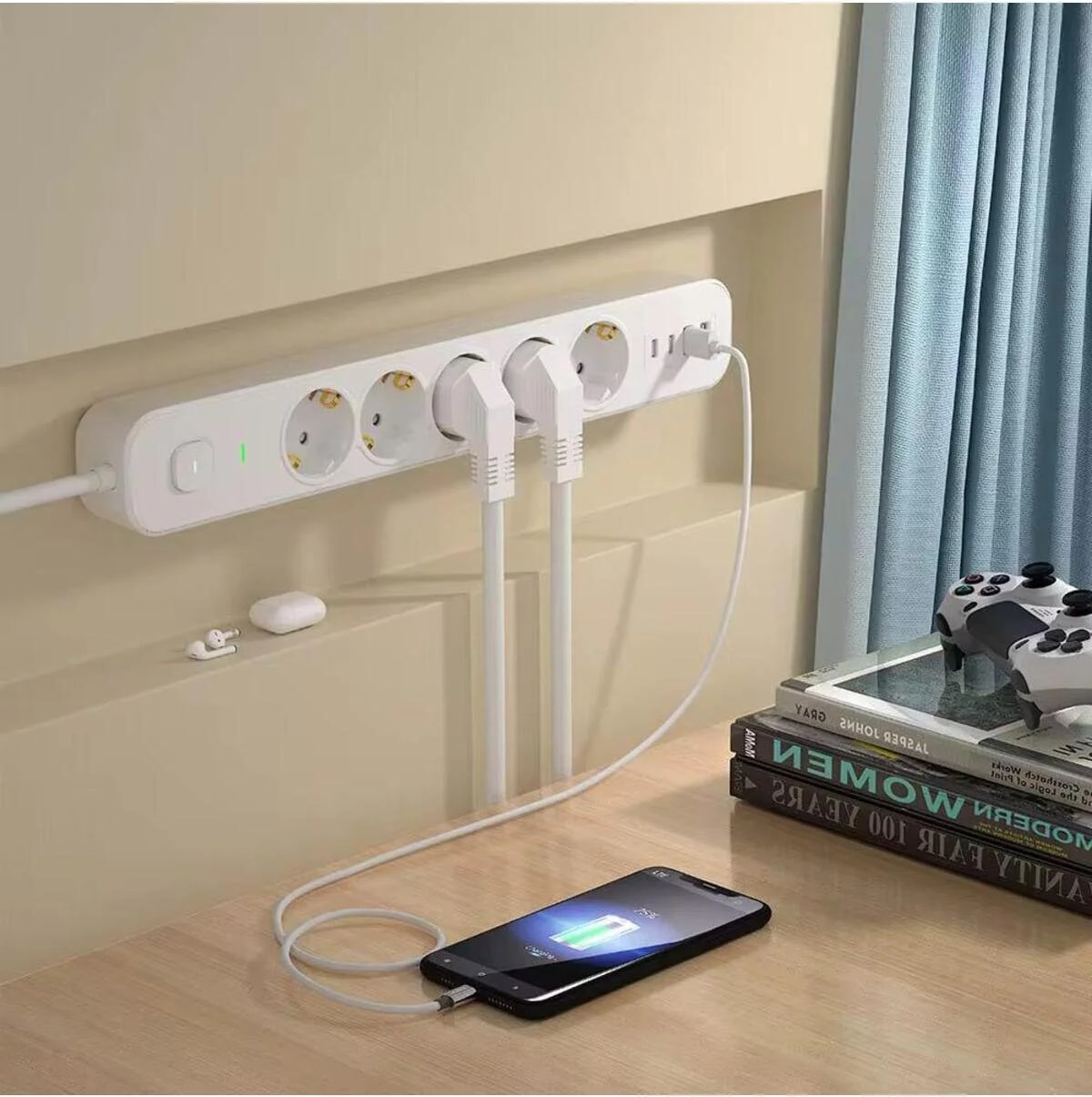2 mt Uzatma Kablosu Çoklu Priz Yüksek Gerilim Korumalı 5'li Priz 2x USB 2x Type-C Çıkışlı Priz