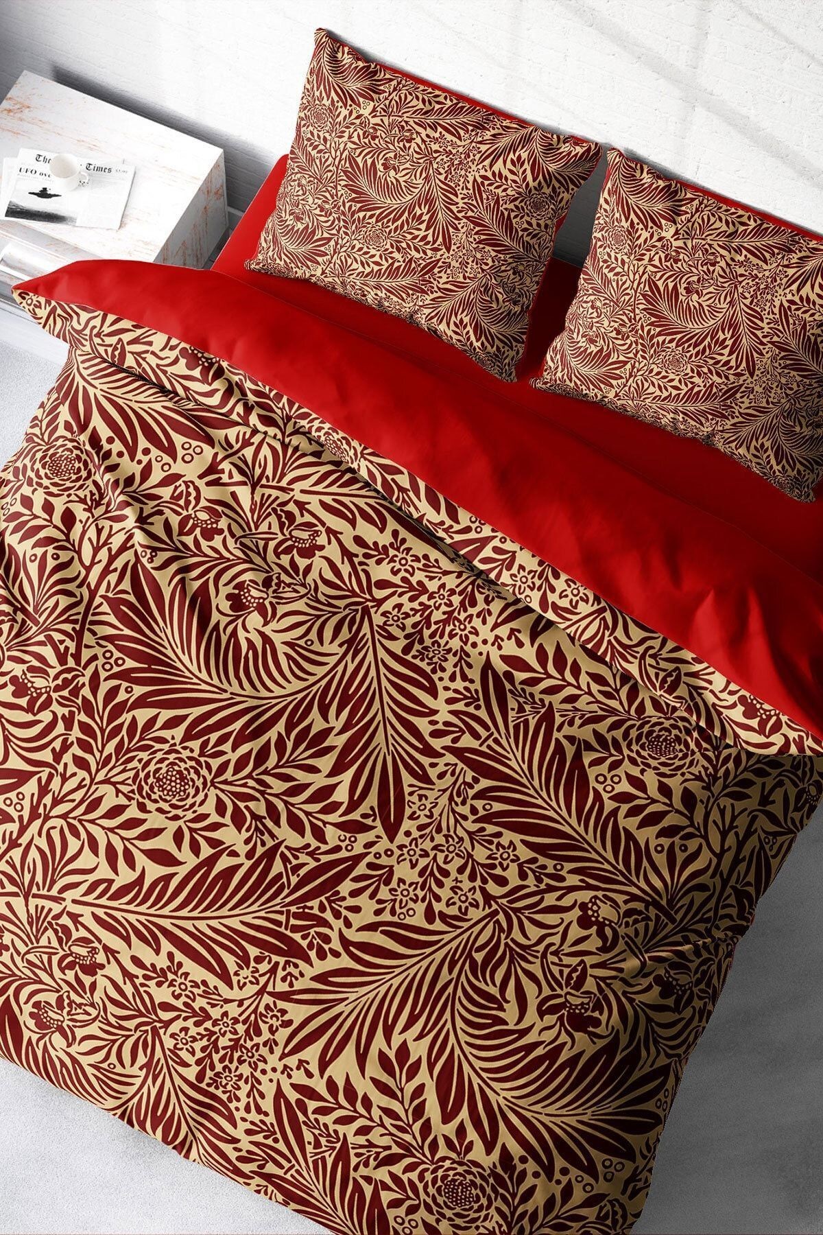 Red Leaf 3d Pamuk Saten Çift Kişilik Nevresim Takımı
