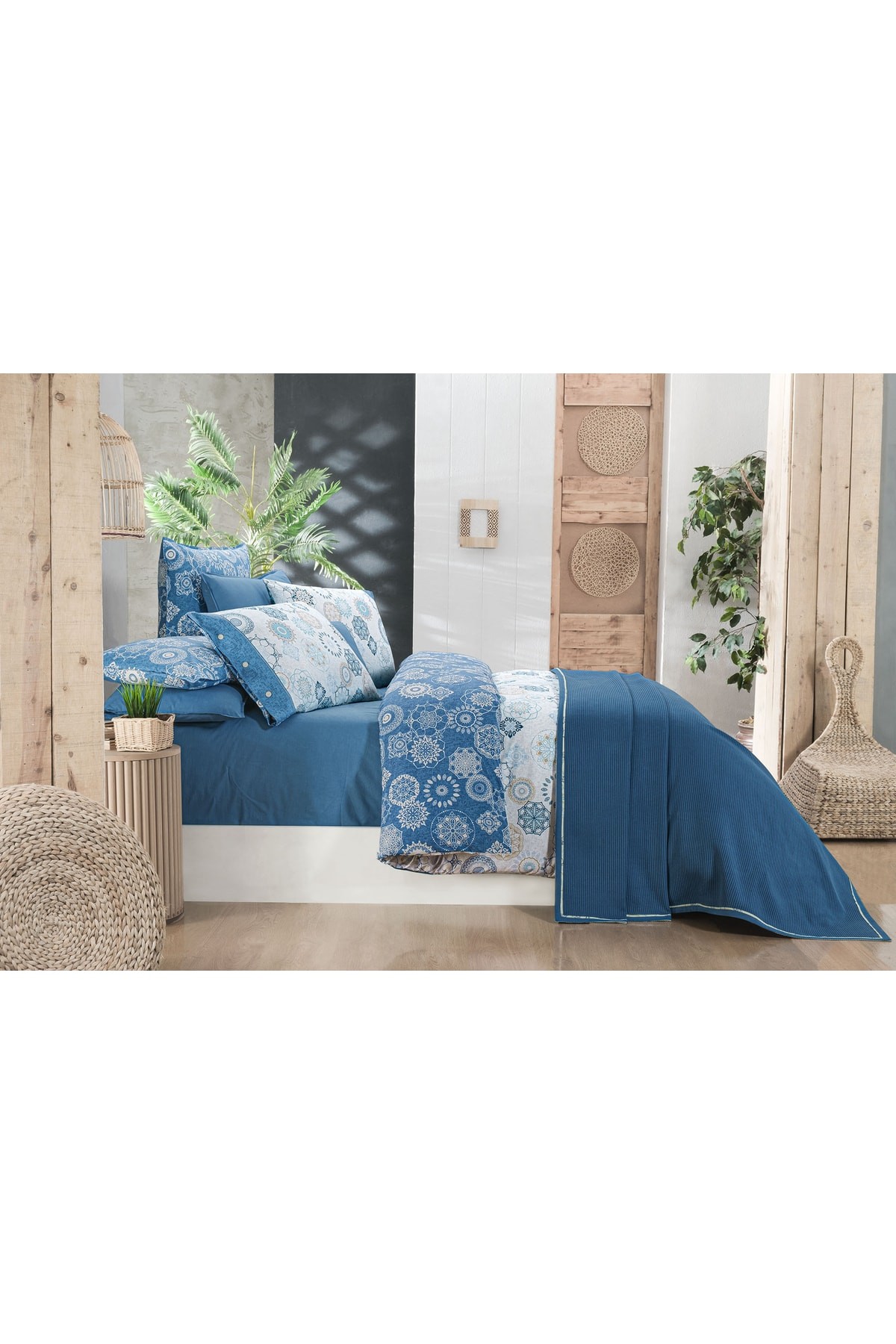 Eva Bronte Pike & Nevresim Set Çift Kişilik Mavi