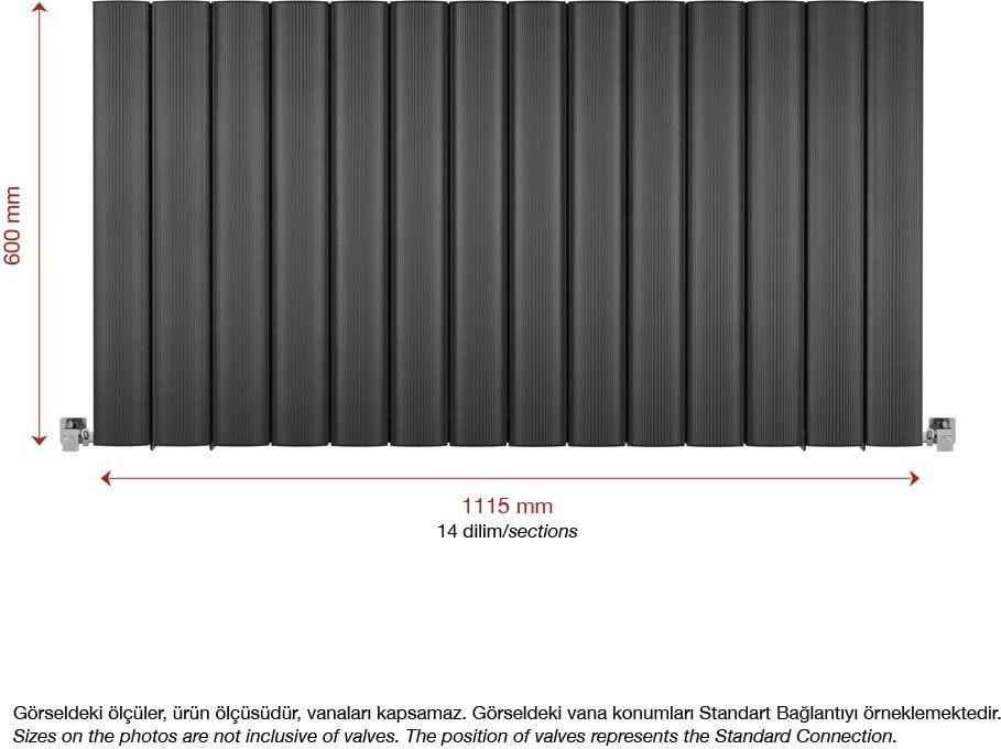 600 x 1115 MM Amber Yatay Antrasit Alüminyum Radyatör Standart Bağlantı