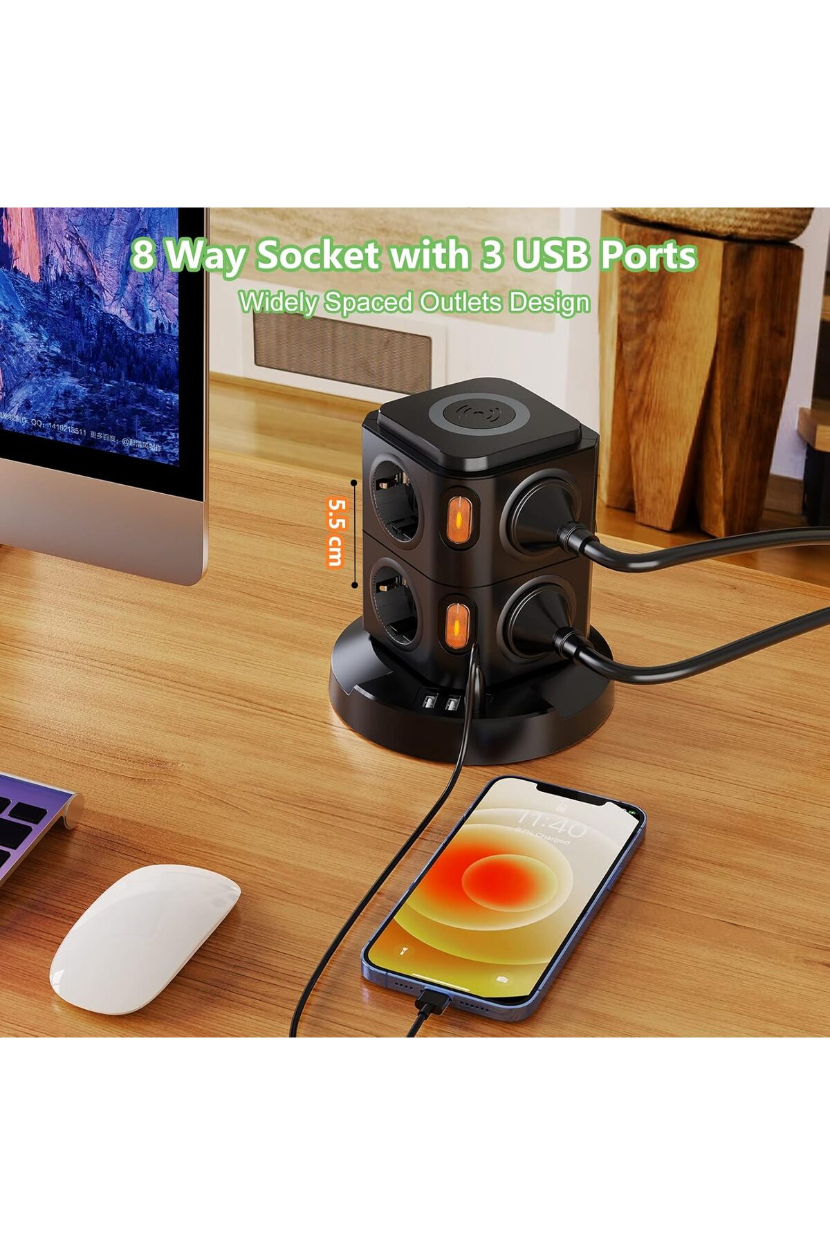 Akıllı Priz Kablosuz Magsafe Özellikli Akıllı Kule Priz 8x Priz 3x USB 2.4 Amper