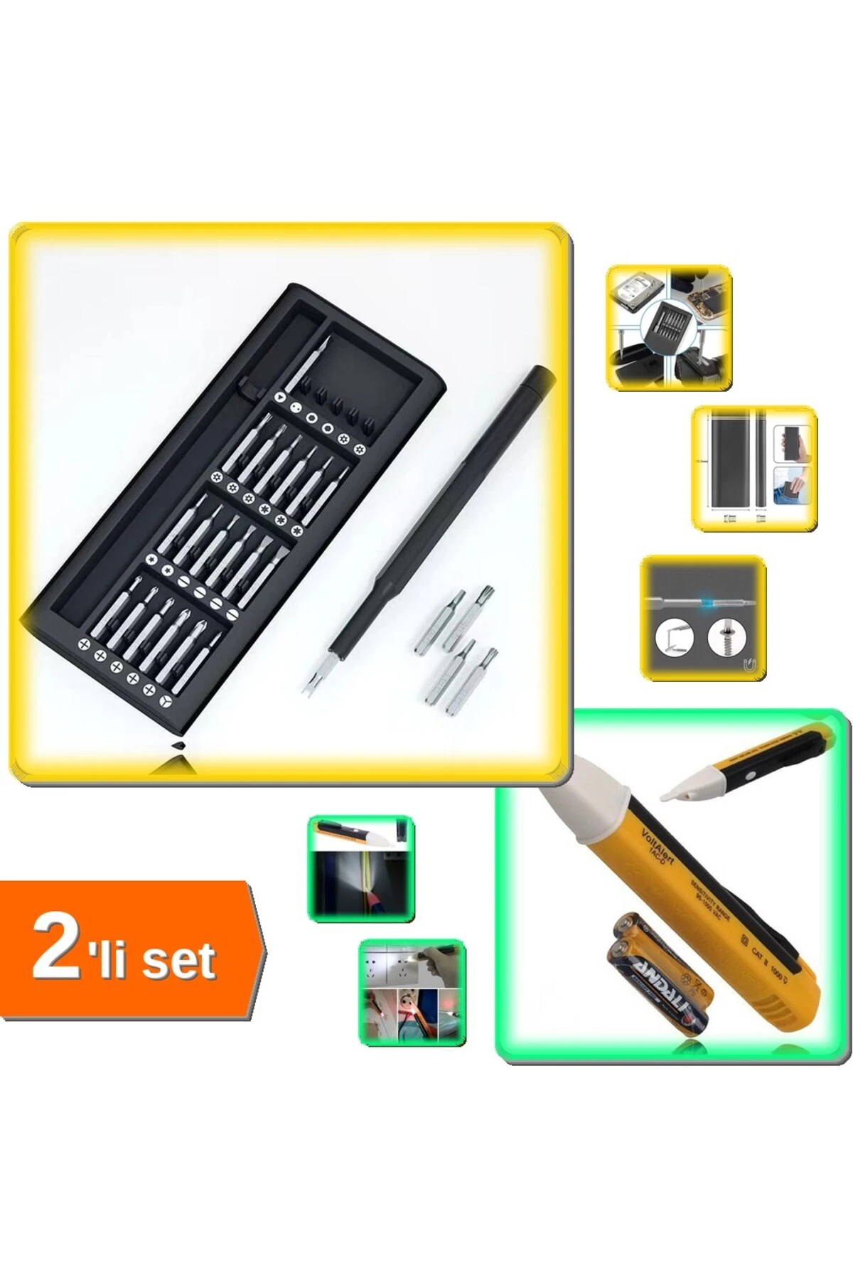 25 Parça Hassas Tornavida Seti + Temassız Işıklı Voltaj Test Cihazı Kontrol Kalemi - 2li Set Q7D4X1