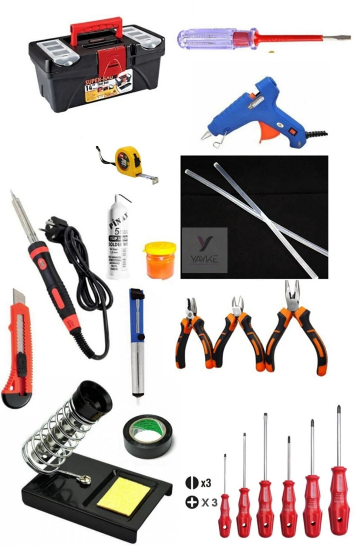 22 Parça El Aleti Seti , Dolu Takım Çantası (60 Watt Lehim Havya+20 Watt Silikon Tabancası)